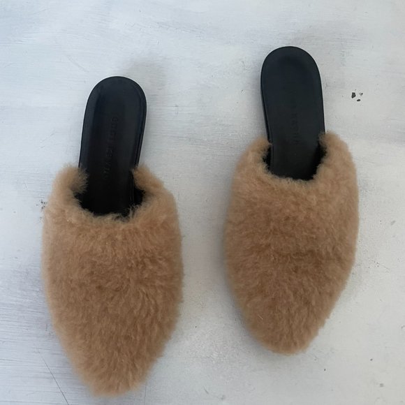 Jenni Kayne Shearling Mules Slip On Flats Semi-Pointed Toe Tan - Picture 4 of 9